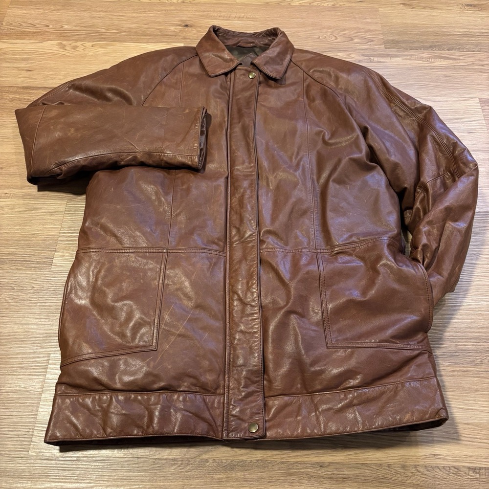Vintage‎ Eddie Bauer Leather Goose Down Jacket Men's L Parka Coat Brown 80s 90s